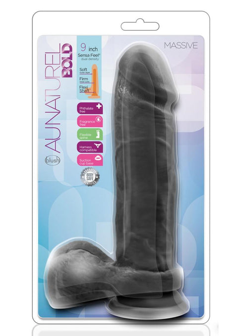 Au Naturel Bold Massive Dildo with Suction Cup - Black - 9in