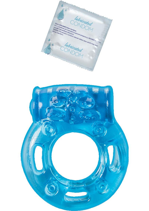 Vibrating Ring Clitoral Pleasure Ring Vibrating Cock Ring with Latex Condom - Blue