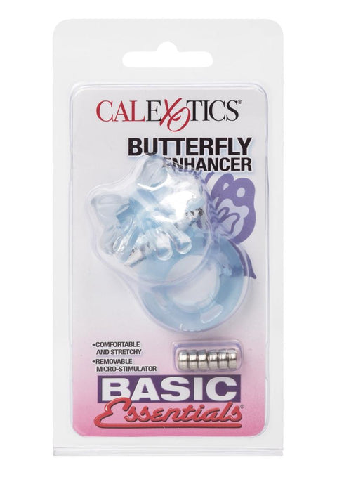 Basic Essentials Butterfly Enhancer Vibrating Cock Ring with Clitoral Stimulation - Blue/Pink