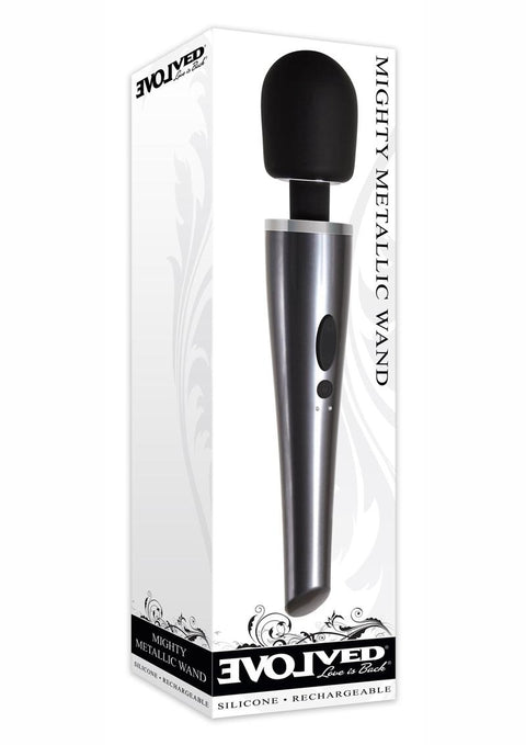 Mighty Metallic Wand Rechargeable Silicone Body Massager - Black/Metal