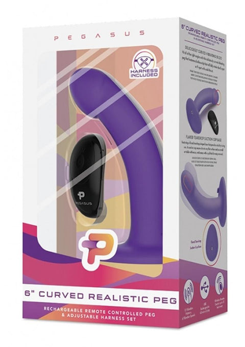 Pegasus Curved Realistic Peg Silicone Rechargeable Dildo with Remote Control - Purple - 6in