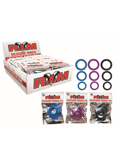 Ram Silicone Cock Rings - Assorted Colors - 24 Per Display/3 Pack/Display