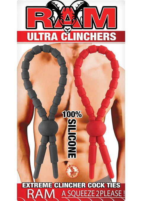 Ram Ultra Clinchers Silicone Cock Rings - Black/Red - 2 Each Per Pack