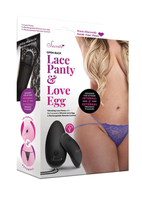 Secrets Open Back Lace Panty and Love Egg Rechargeable Panty Vibe with Remote Control - Purple - Plus Size