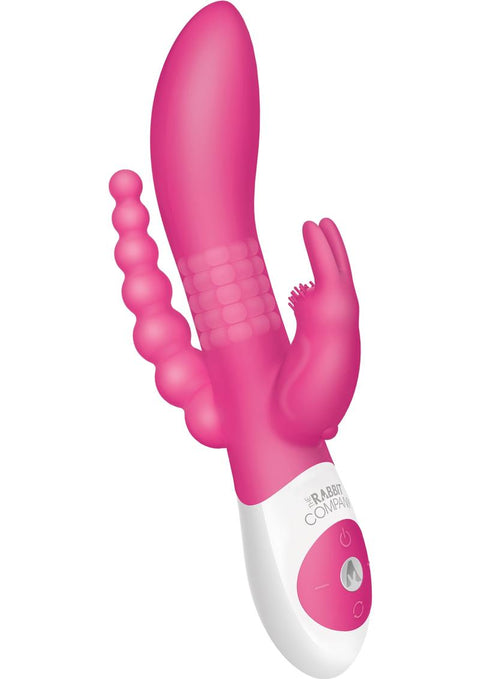 The Beaded DP Rabbit Rechargeable Silicone Vibrator with Clitoral and Anal Stimulation - Hot Pink/Pink